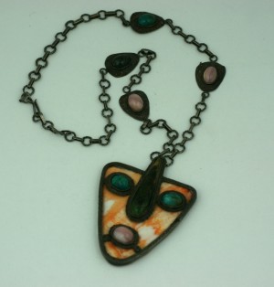 Modernist Shell and Agate Mask Pendant Necklace